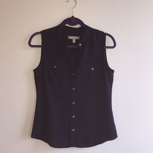 Blue button down, sleeveless blouse